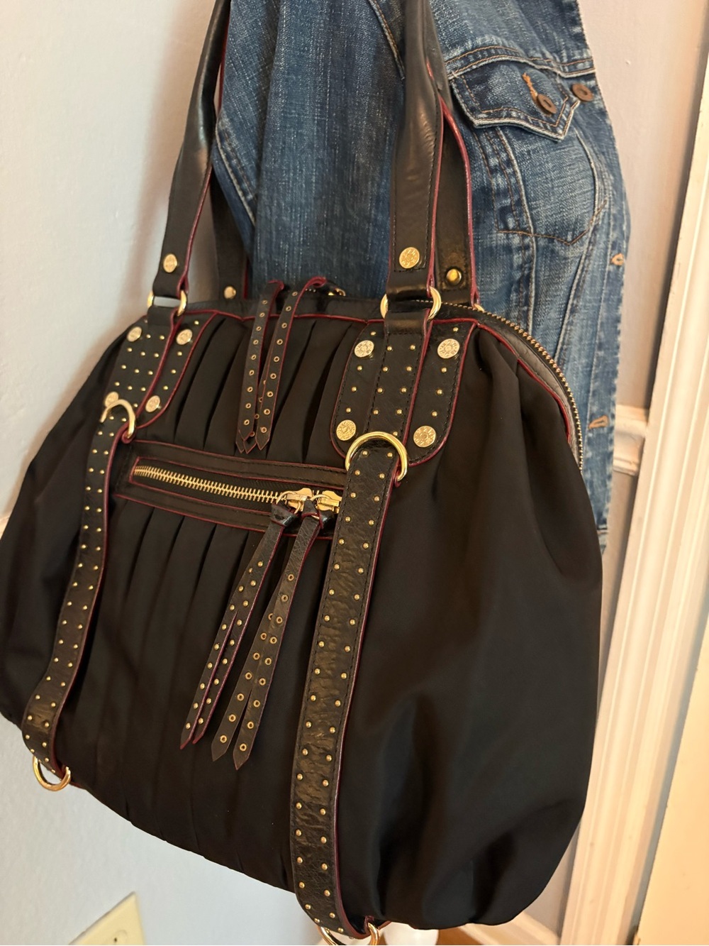 MZ Wallace Black Shoulder Bag with Gold Hardware and Red Trim